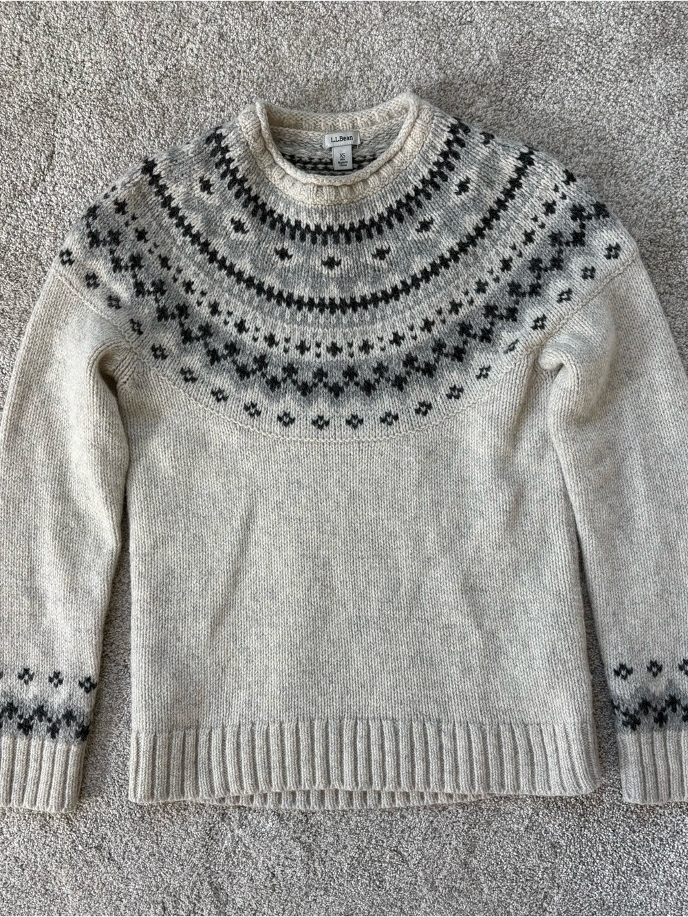 L.L. Bean Cream Crewneck Fair Isle Yoke Sweater with Black Accents